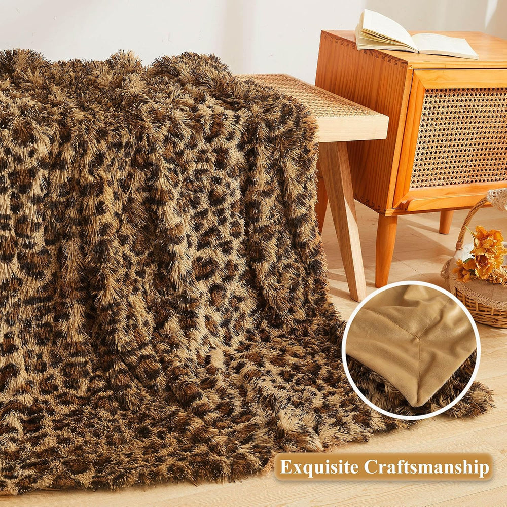 XeGe Luxury Faux Fur Leopard Print Blanket, Cheetah Brown, 60"x80"