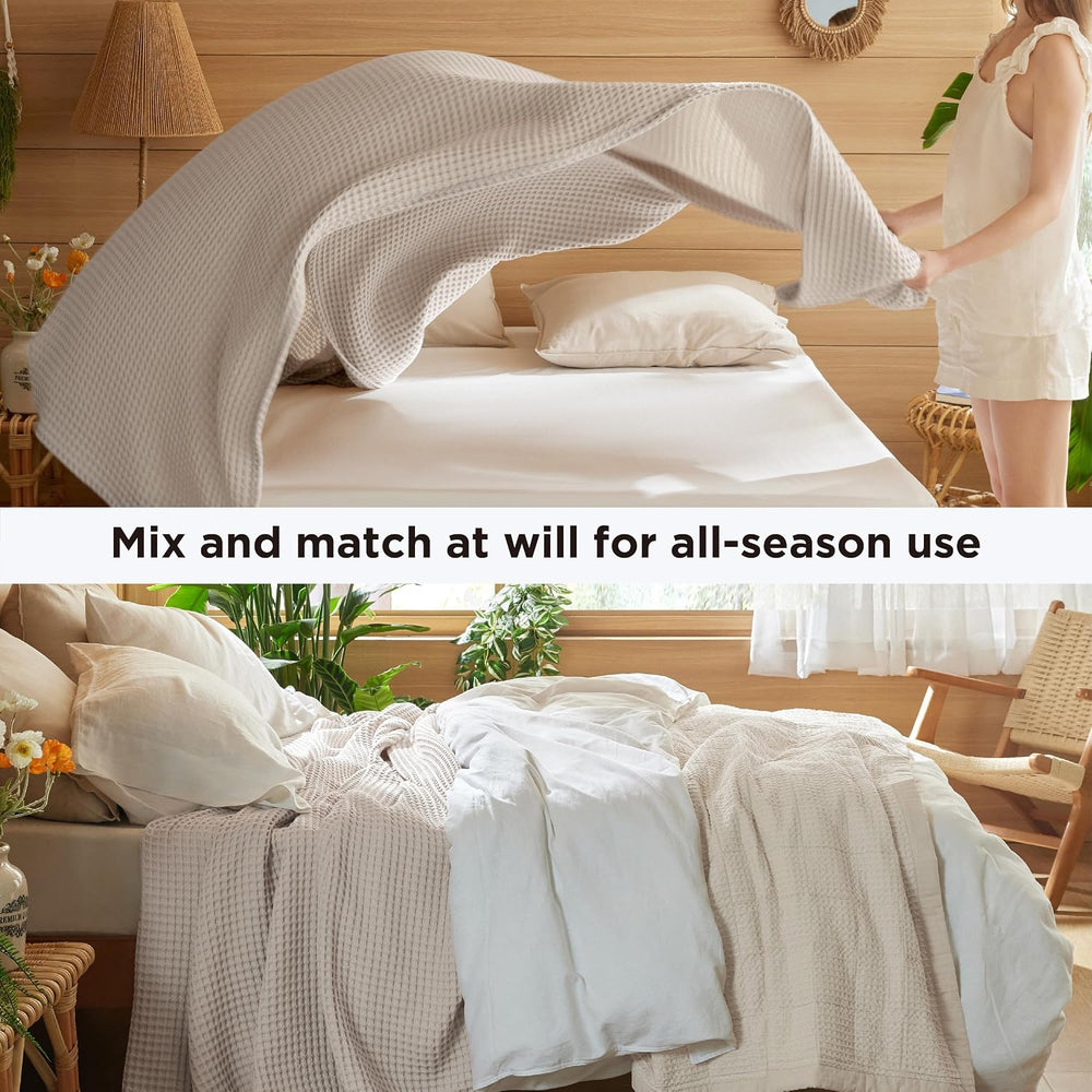 Bedsure Lightweight 100% Cotton Waffle Blanket, King, Linen