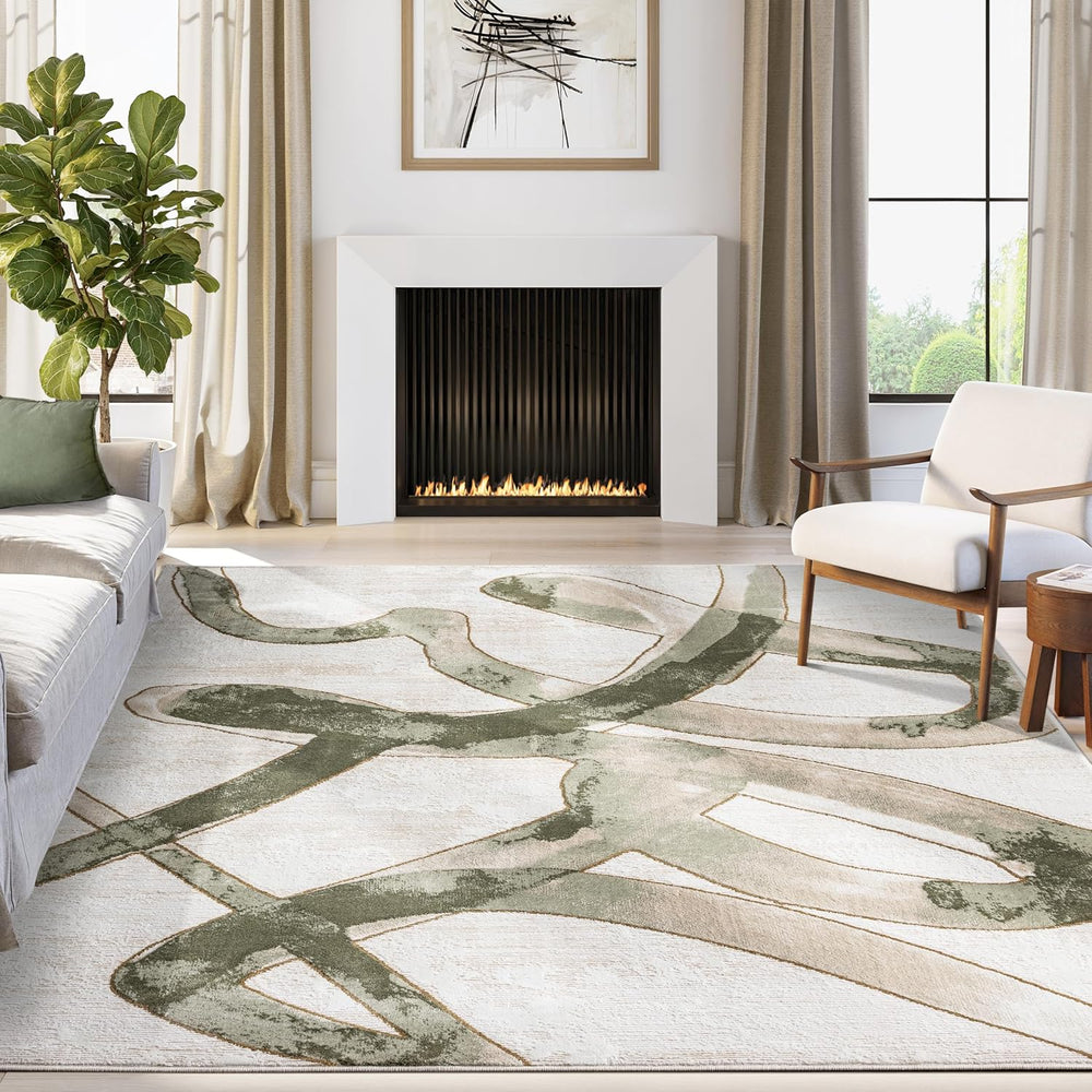 Abani Beige Cream Green Graffiti Washable Area Rug – 6' x 9' – Abstra...