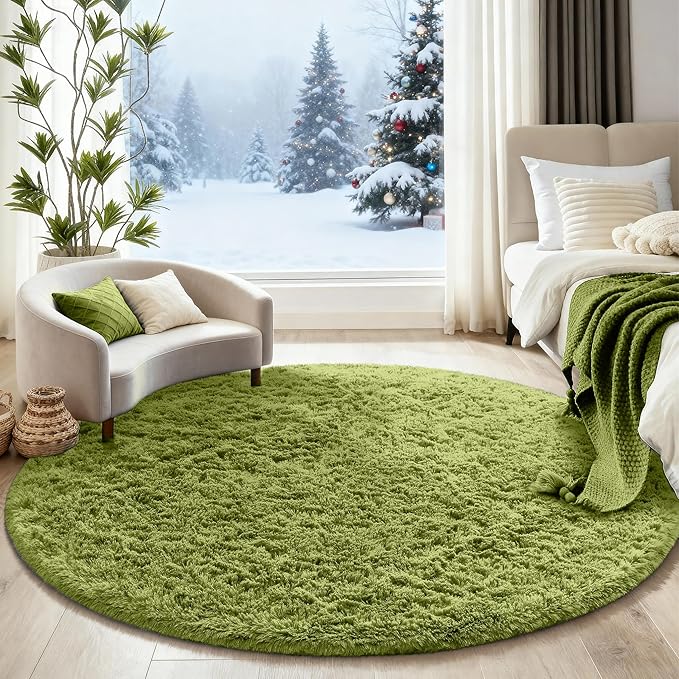 Ophanie Green Round Rug 5Ft Circle Area Rug, Fluffy Fuzzy Bedroom Carpet - Image 5