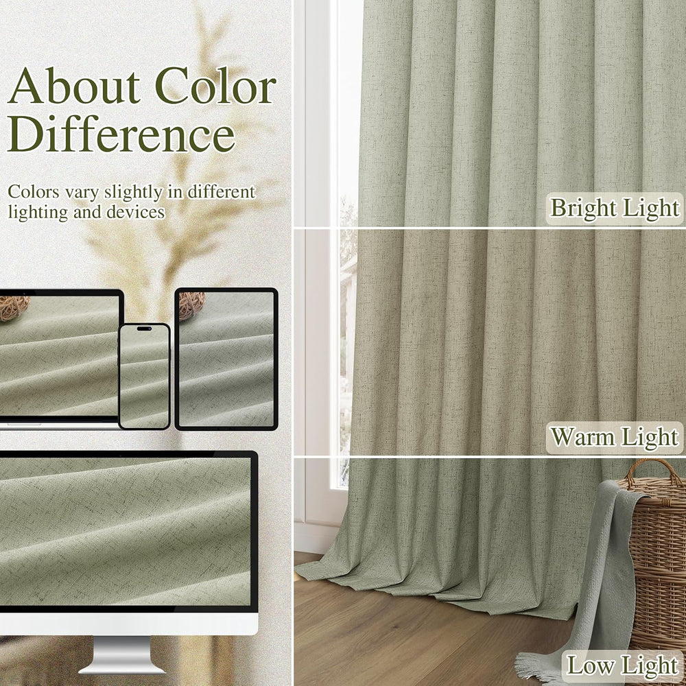 100% Blackout Linen Curtains 84 Inch Long 2 Panels Sage Green