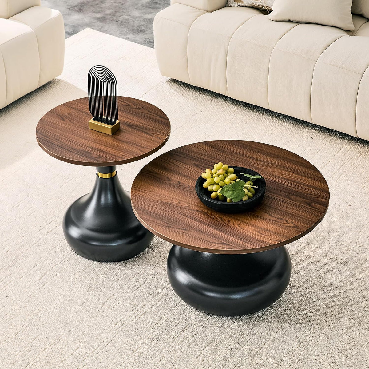 2-Piece Nesting Coffee Table Set, Walnut Wood Grain, Gold Metal Base | Nesting Design, Set of 2, Wood Grain Finish, Gold Metal Base, Living Room