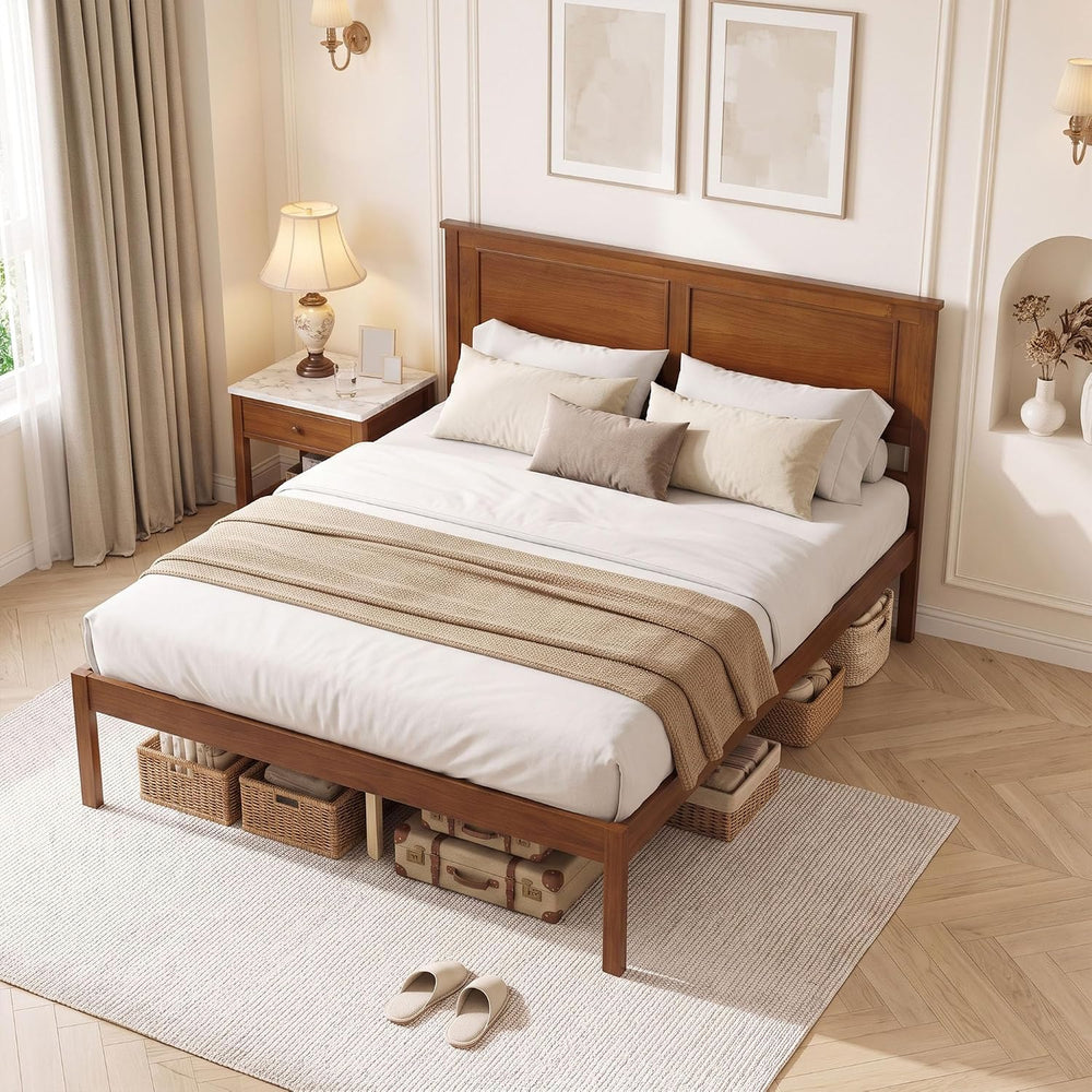 Full Size Bed Frame with Solid Wood Legs and Wooden Slats