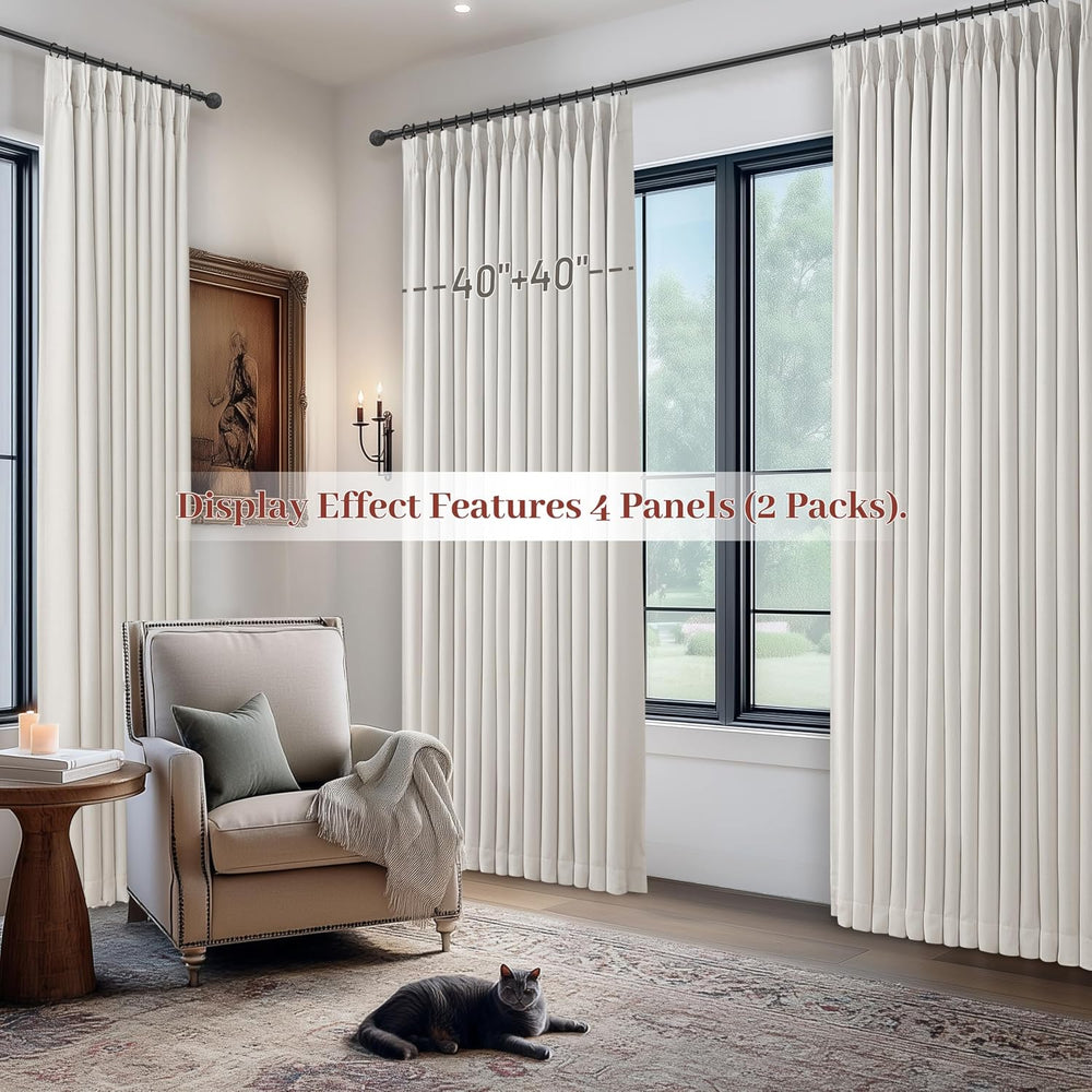 100% Blackout Linen 96 Inch Curtains 2 Panel Set for Bedroom, Modern Pinch Pl...