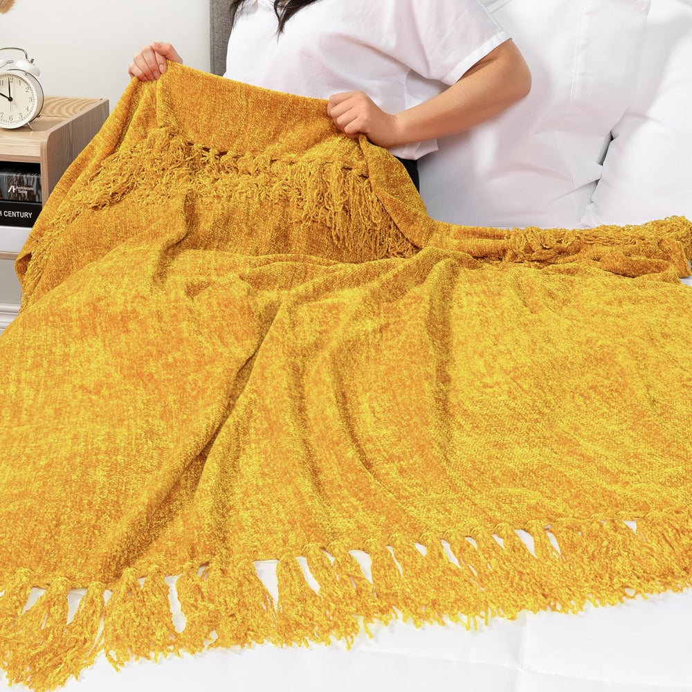 PAVILIA Chenille Throw Blanket, Knit Twin Size Tassel Throw, Yellow 60x80