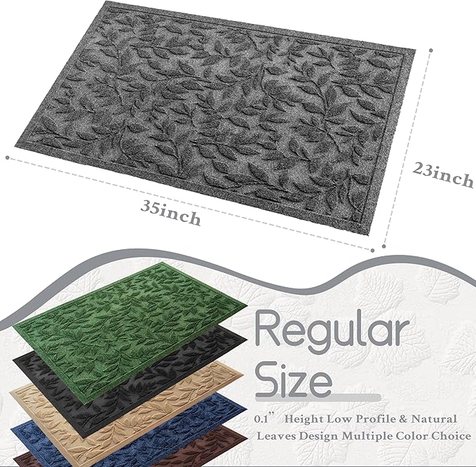 Grey Leaves Outdoor Indoor Entrance Doormats, Absorbent Durable Heavy Duty - Image 2