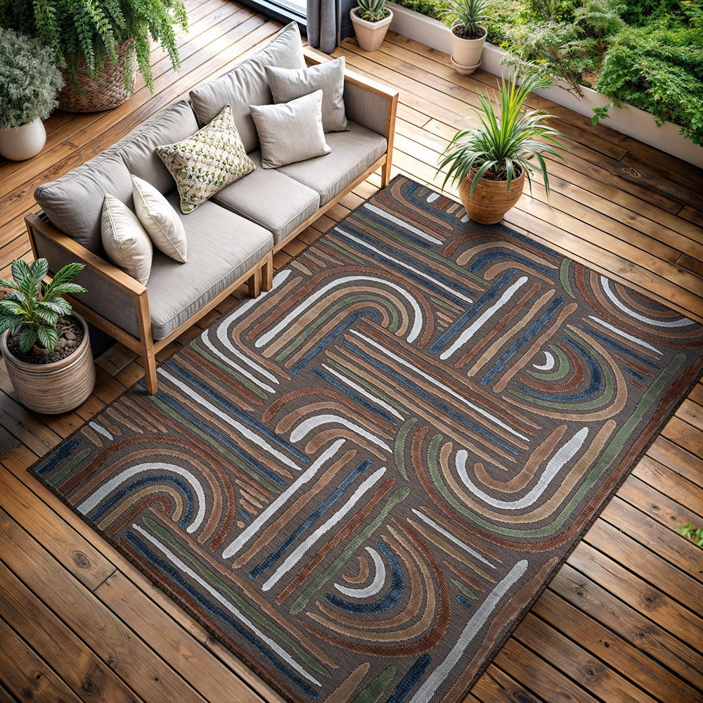 CAMILSON Indoor Outdoor Rug, Brown 8x10 Geometric Arch Striped Area Rugs for ...