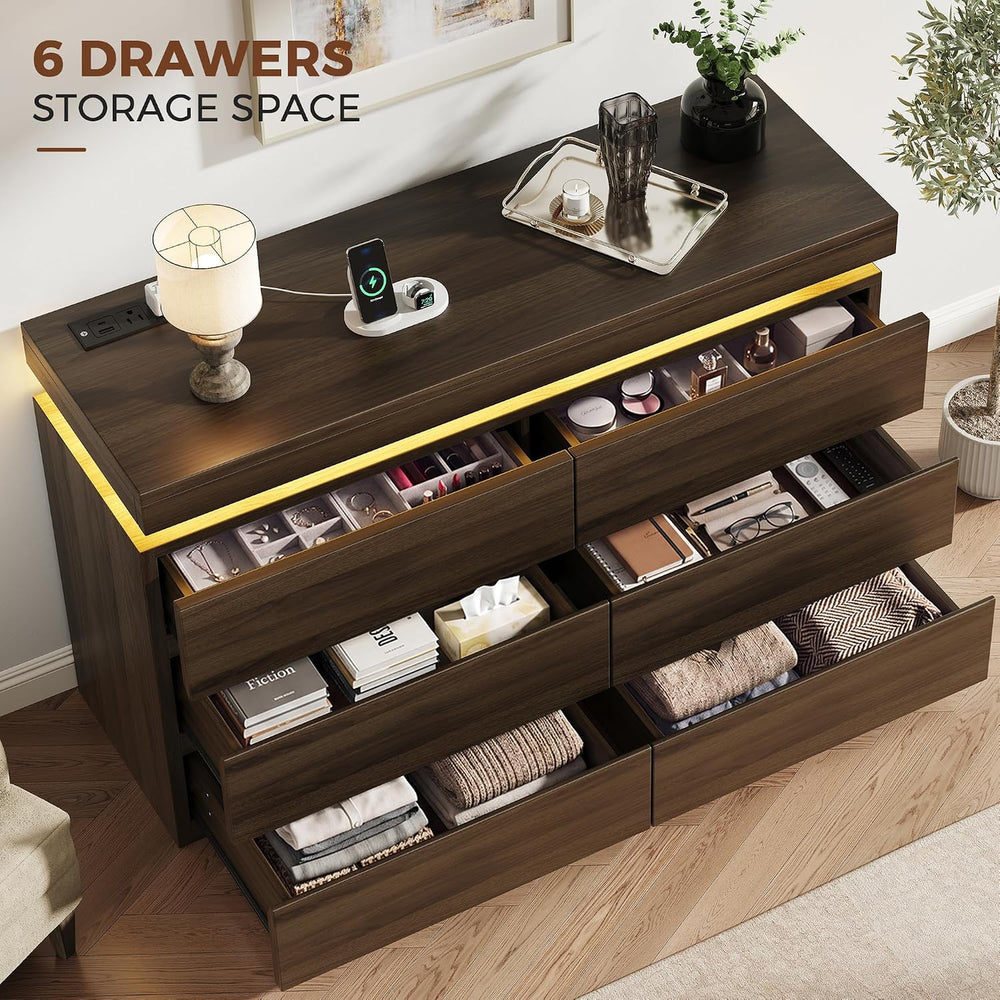 6 Drawer Dresser with LED Lights and Charging Station, Modern Brown Dresser