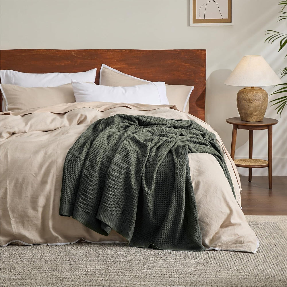 Bedsure 100% Cotton Blanket, Waffle Weave, Queen Size, Olive Green, 90"x...