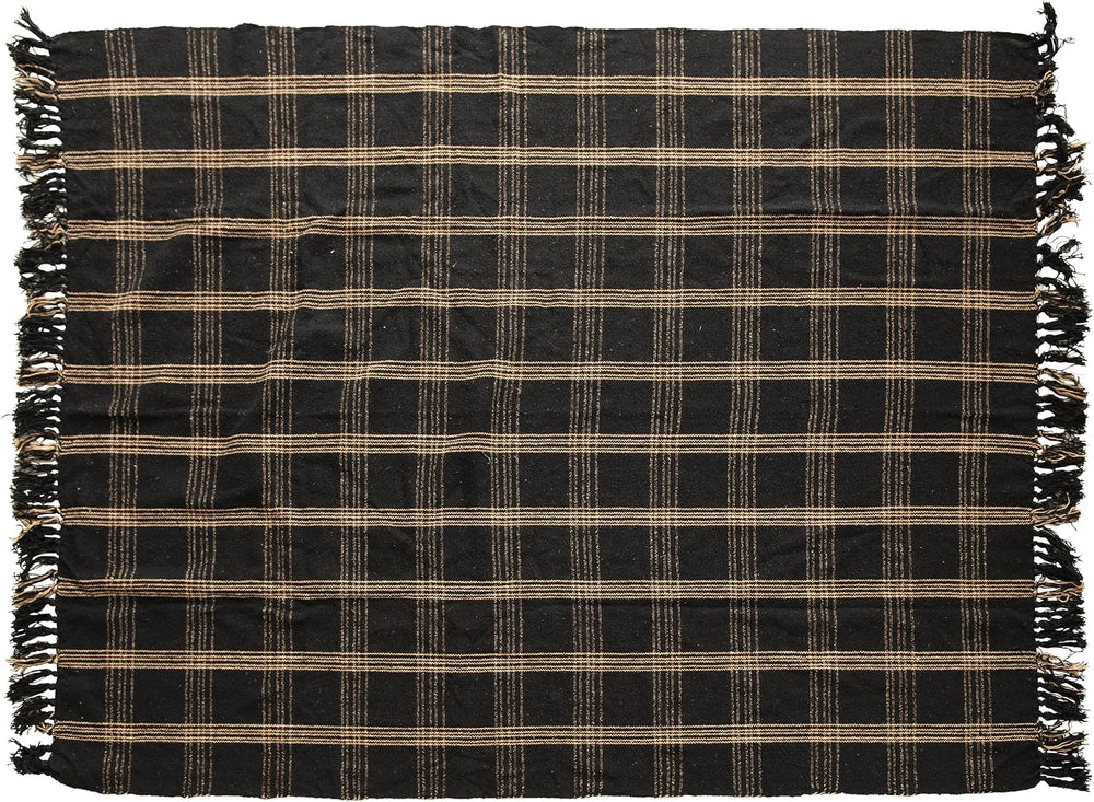 Plaid Black & Tan Fringed Woven Cotton Blend Throw