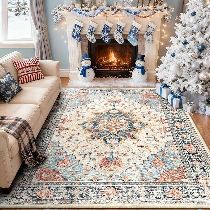 Area Rugs 5'x8' Washable Non-Slip, Floral Vintage Distress Print Pattern - Image 2