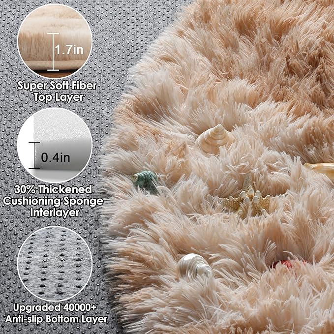 ONASAR Tie-Dye Beige Round Area Rugs 5ft, Soft Bedroom Circle Rug Floor Mats - Image 2