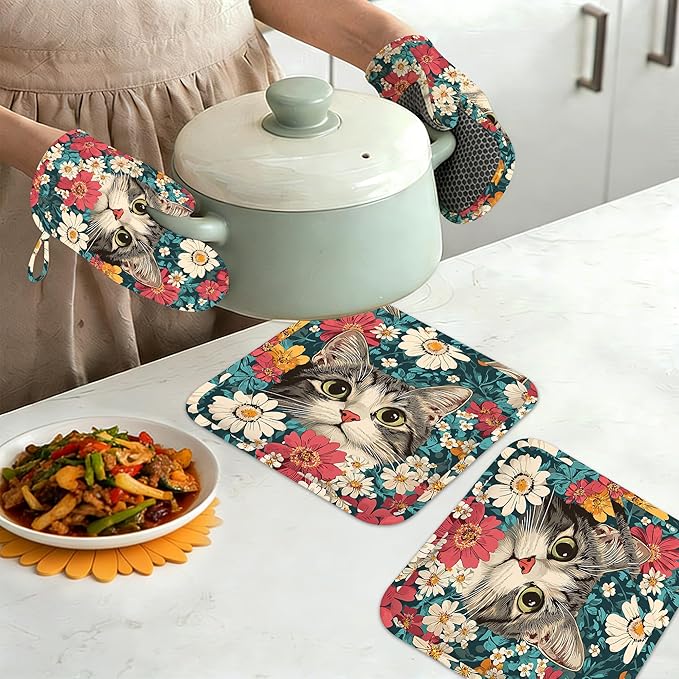 Cute Cat Oven Mitts and Pot Holders Set of 4, Blooming Colorful Flowers Kitchen - Image 7