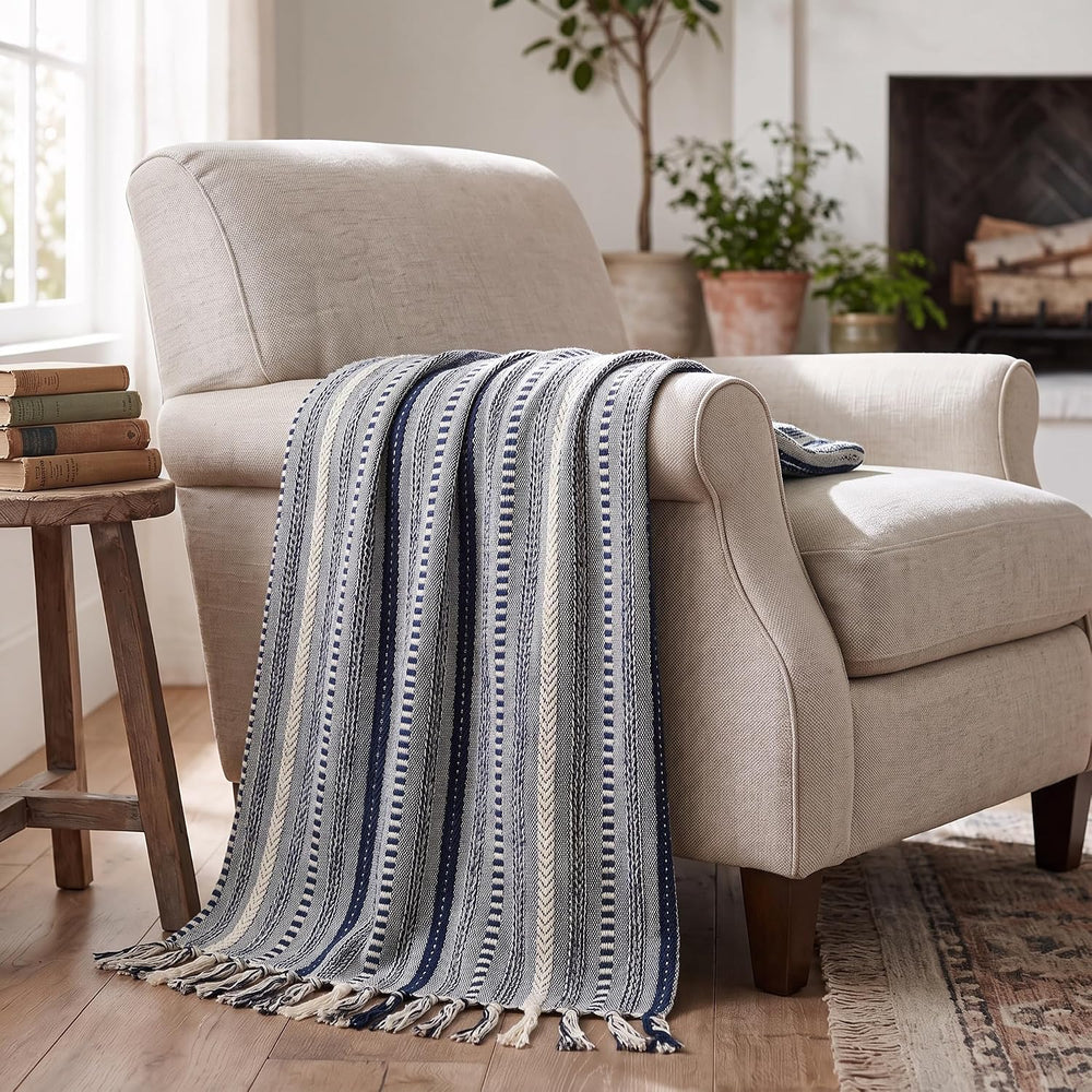 Horaldaily Braided Striped Decorative Throw Blanket, Navy Blue Soft Cozy Blan...