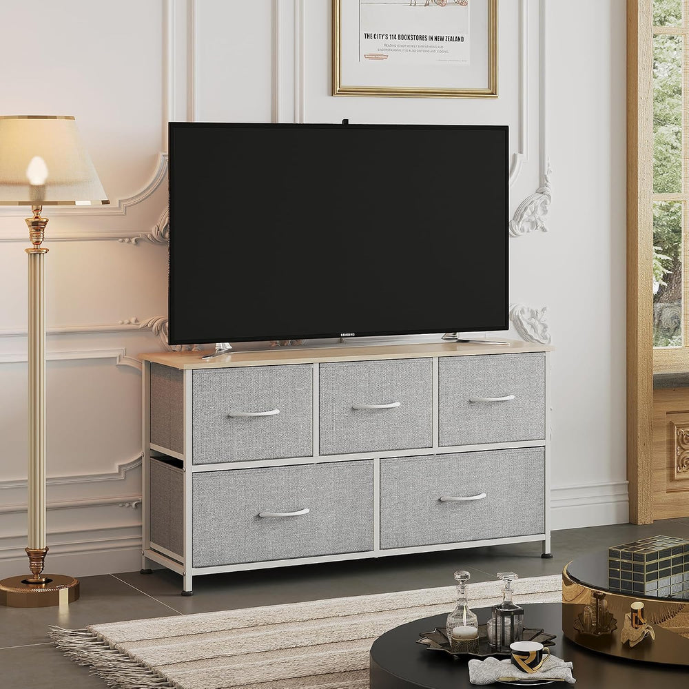 WLIVE Dresser for Bedroom, Wide Dresser with 5 Fabric Drawers, Light Grey