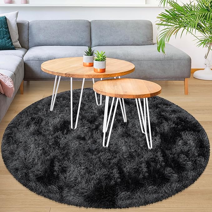 5x5 ft Tie Dye Black Round Rug for Bedroom Room Fluffy Circle Rug Furry Carpet - Image 5