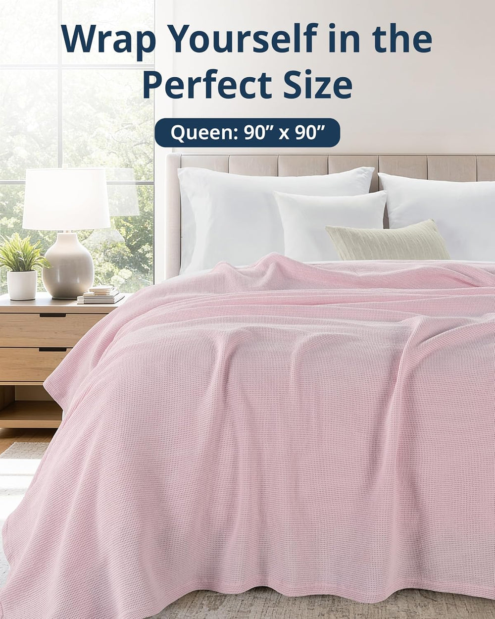 LANE LINEN Queen Blanket for Bed, 100% Cotton Waffle Weave - Cherry Blossom