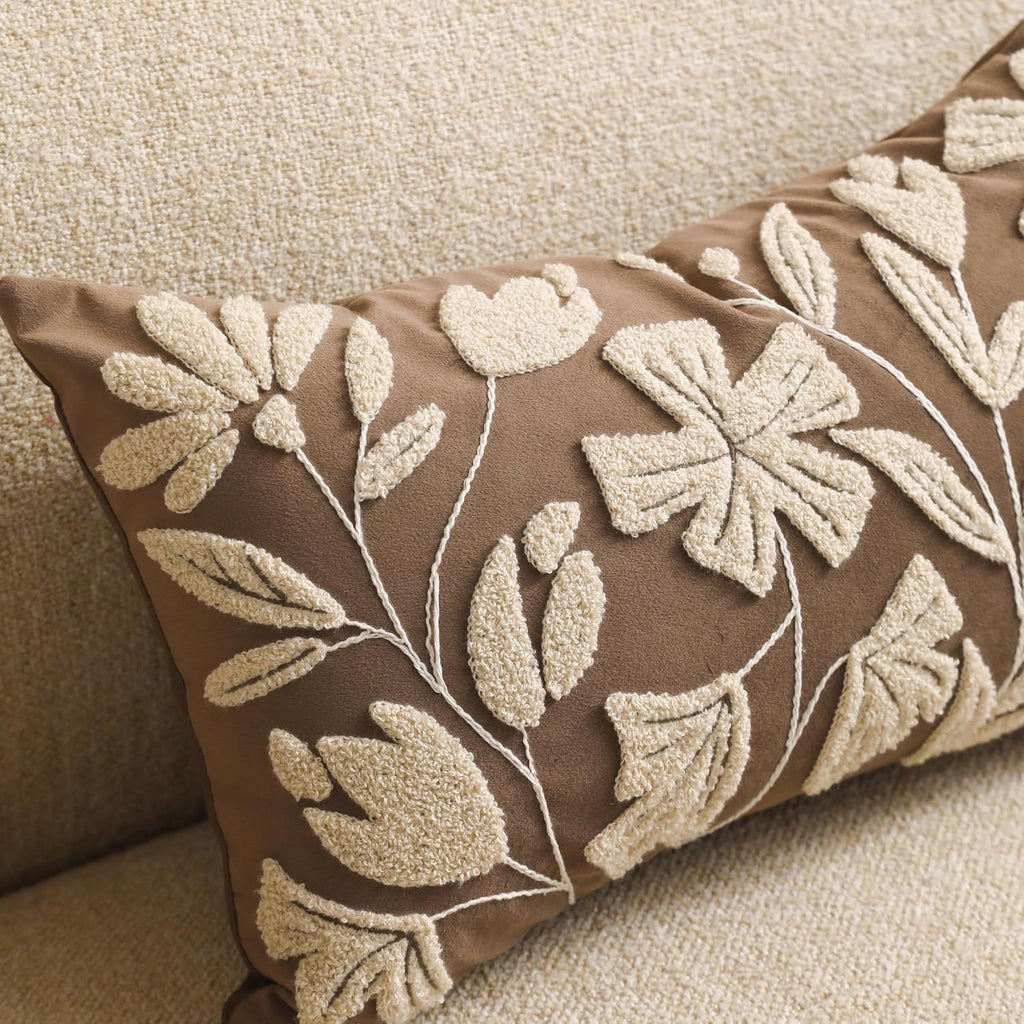 12x20 Lumbar Pillow Cover, Rectangular Brown Decorative Throw Pillowcase for Couch Sofa, Embroidered Velvet Farmhouse Accent Cushion (Cover Only)
