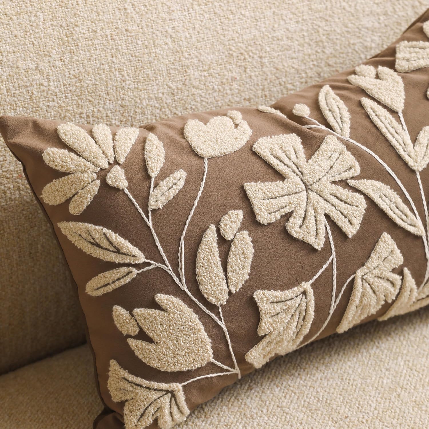 12x20 Lumbar Pillow Cover, Rectangular Brown Decorative Throw Pillowcase for Couch Sofa, Embroidered Velvet Farmhouse Accent Cushion (Cover Only)