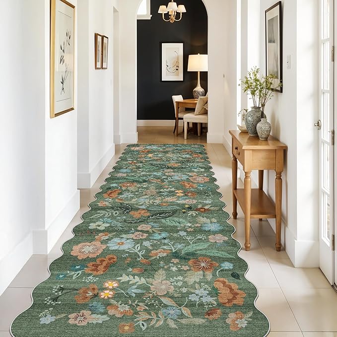 Washable 3x10 Hallway Runner Rug: Floral Scalloped Soft Runners - Image 9