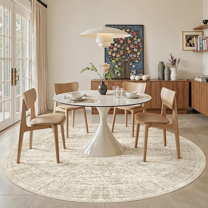Soalmost 9x9 Beige Round Rug 9ft Living Room Circle Rug Vintage Round Area Rug - Image 3