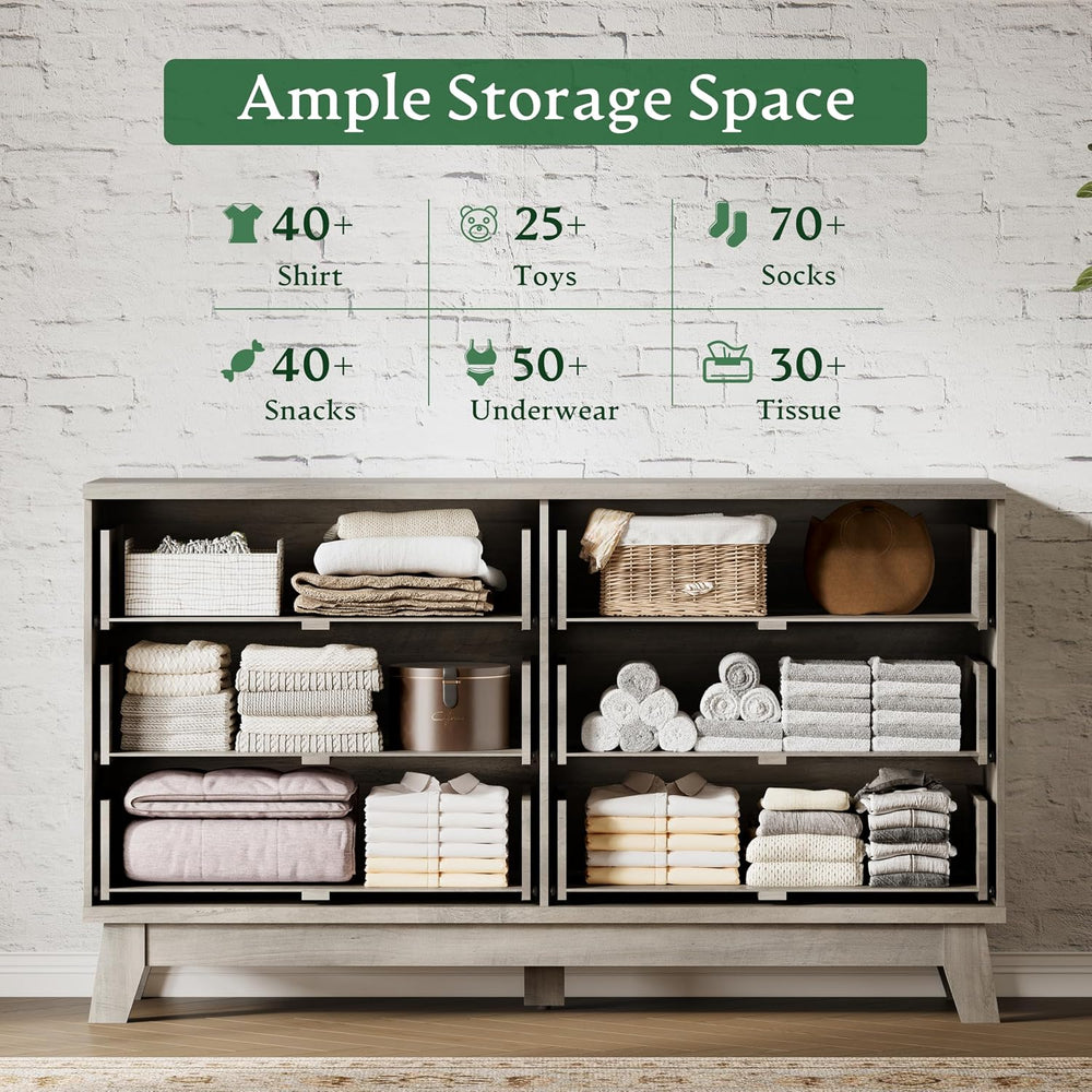 Fluted Dresser with 6 Drawers, 54" Wide Modern Chest of Drawers with Met...