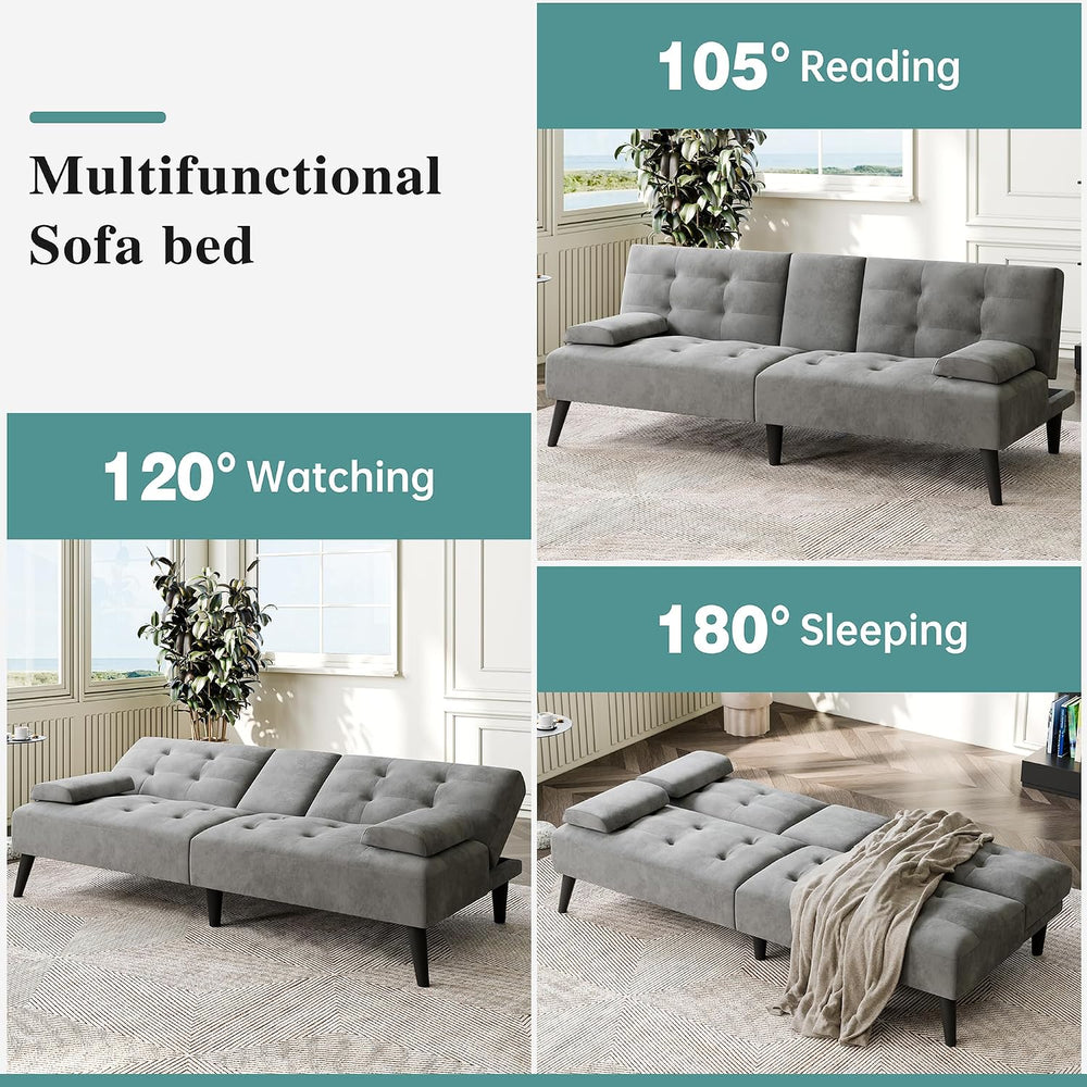 64" Futon Sofa Bed, Small Couch with 2 Cup Holders, Grey