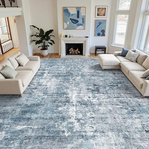 12x15 Washable Area Rug Blue/Grey Neutral Abstract Living Room Large Carpet Non - Image 2