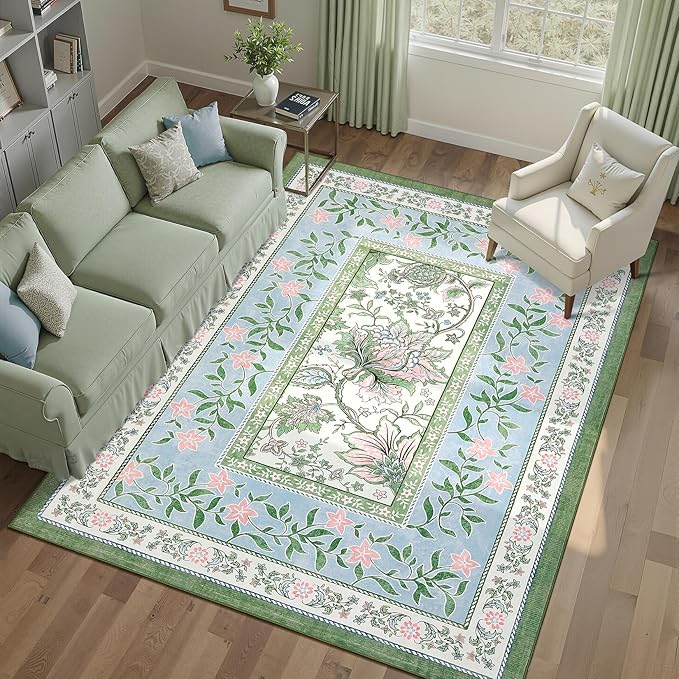 GarveeHome Blue Green Pink Washable 6x9 Area Rugs, Botanical Grove Vintage by GarveeHome