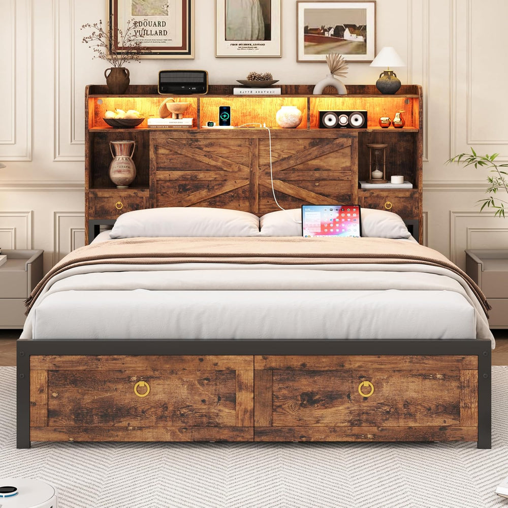 Full Bed Frame with 4 Drawers Bookshelf Headboard, Farmhouse Bed Frame with C...