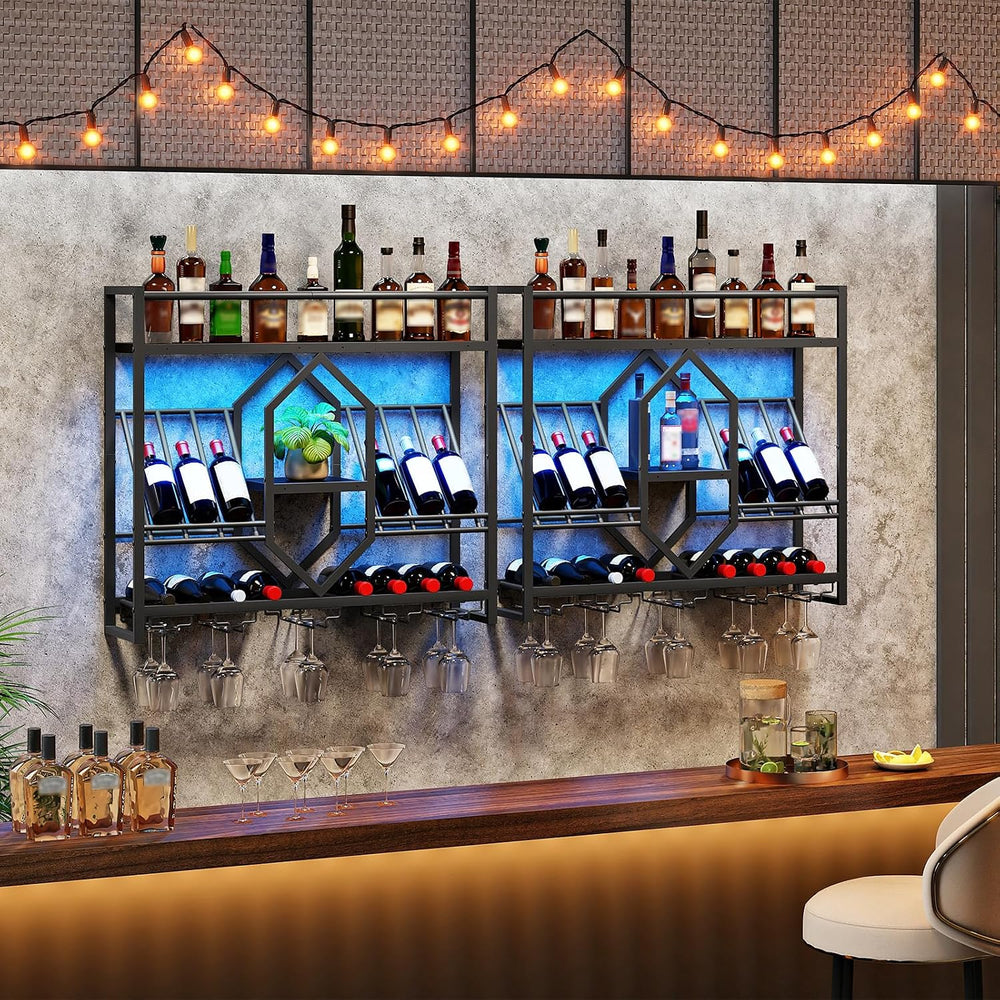 HOOBRO Wall Mounted Wine Rack with LED Light, 31.5" Wine Shelf, 3 Tier W...
