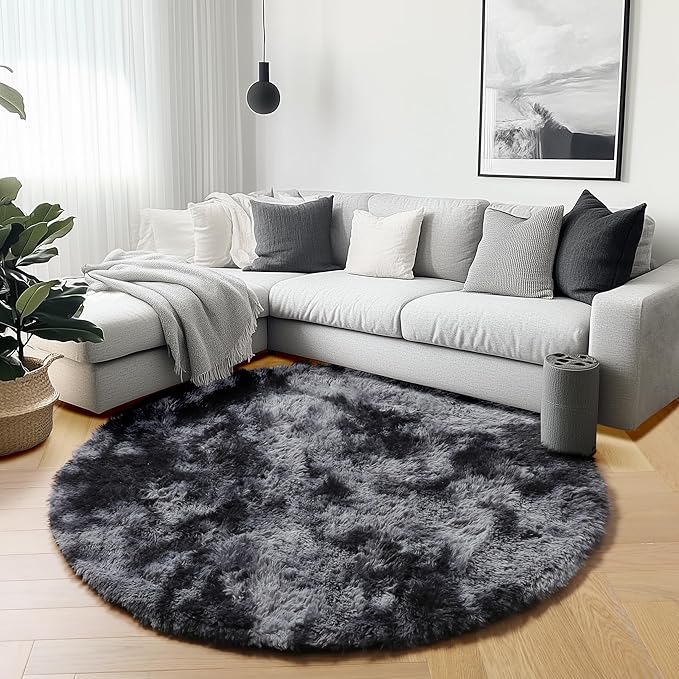ONASAR Tie-Dyed Dark Grey Round Area Rugs 5ft, Ultra Soft Bedroom Circle Rug by ONASAR