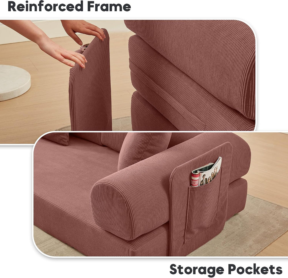 107" Modular Sectional Sofa Bed, L-Shape Corduroy Boneless Couch, Pink