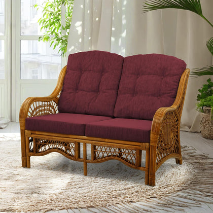 Malibu Lounge Loveseat Sofa Natural Rattan Wicker Handmade Design with Dark Brown Cushions, Colonial Color