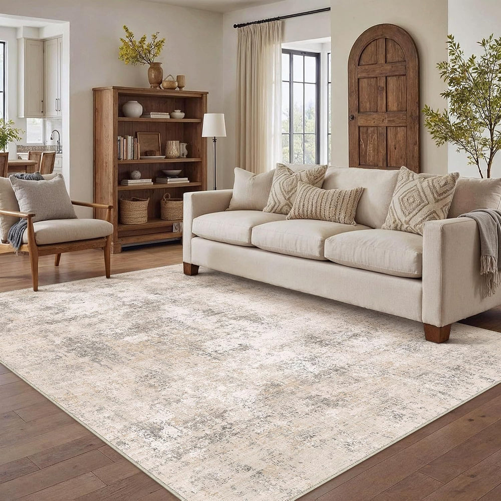 HUGEAR 5x7 Beige Abstract Washable Area Rug for Living Room