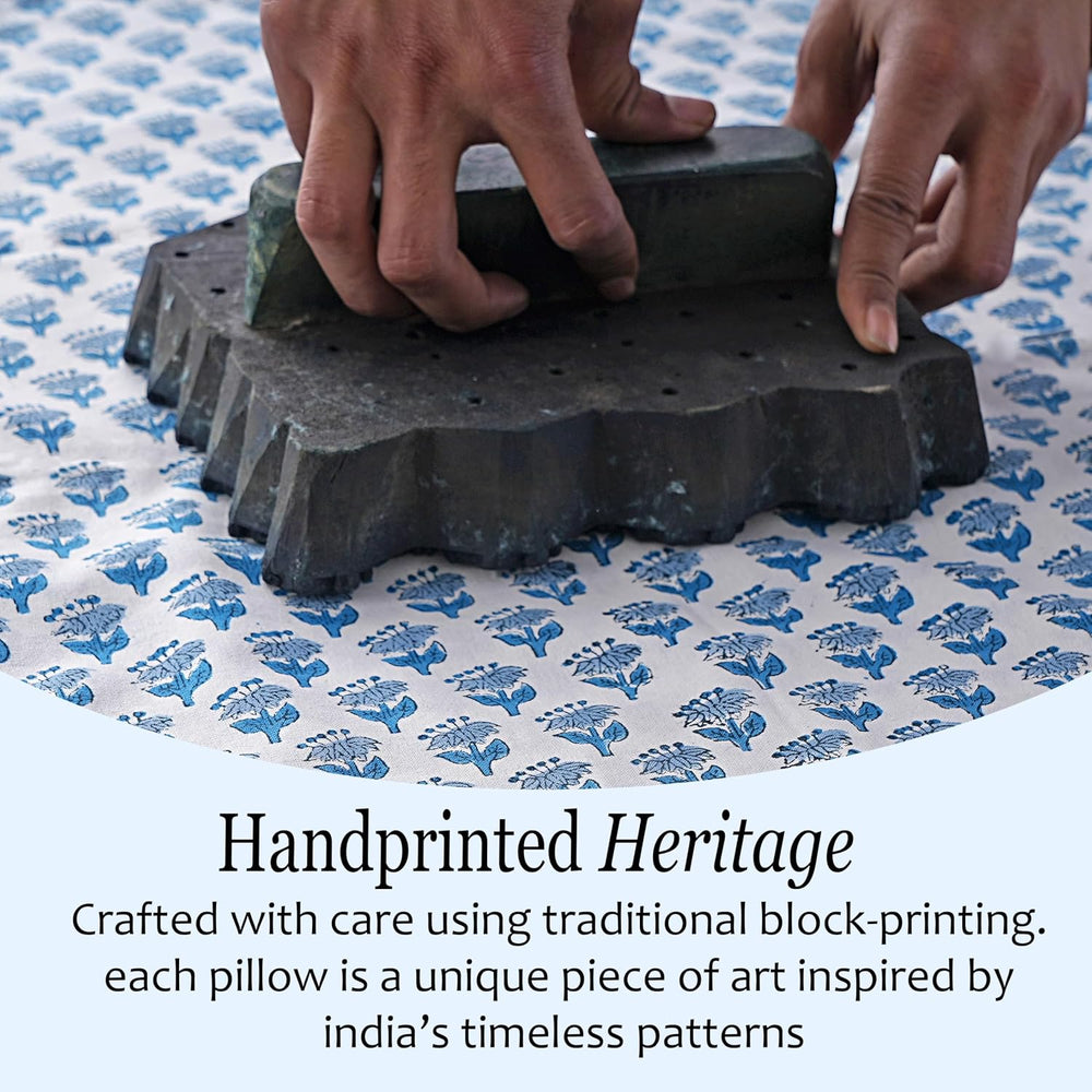 CPC Apatite Blue Block Print Ruffle Pillow Cover 18x18 Inch, Pack of 2