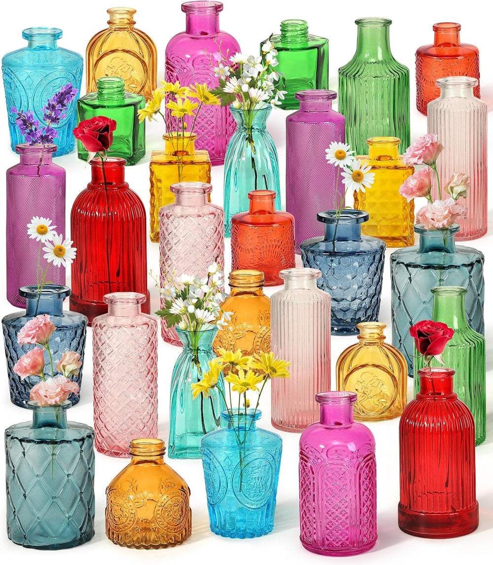 Set of 30 Colorful Glass Bud Vases Small Textured Flower Vases