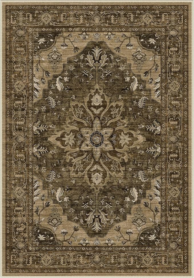 Area Rugs Round 6ft Washable Non-Slip, Floral Vintage Distress Print Pattern by RELEANY