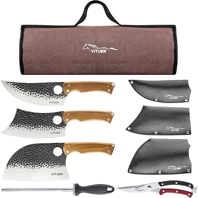 9 PCS Butcher Viking Camping Knife Set, 6.5" Viking Knife, 3 Knife Sheath