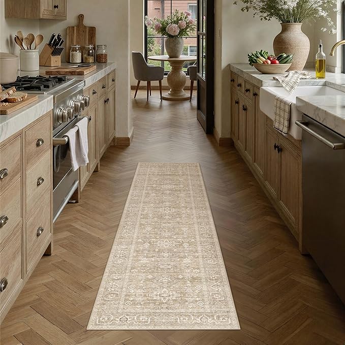 2x5 Washable Runner Rug for Hallway Kitchen Vintage Beige Non Slip Low Pile - Image 3