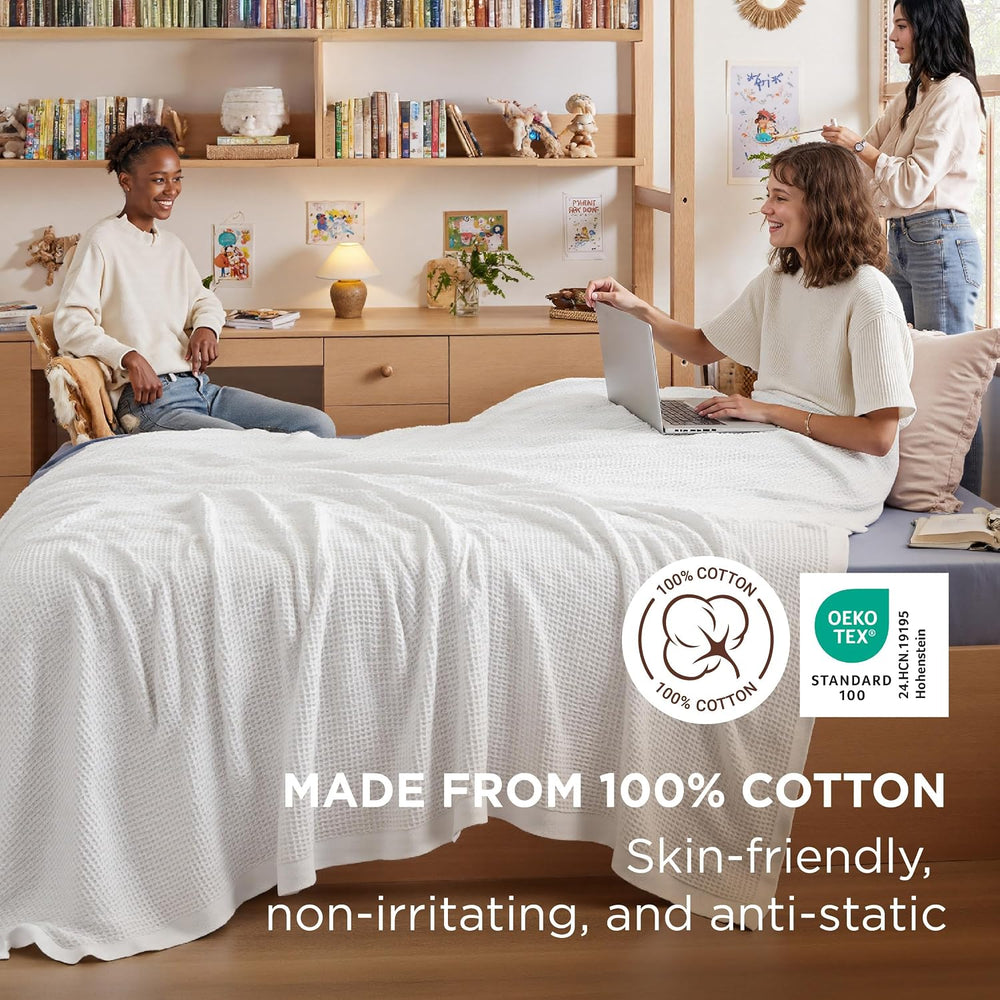 Bedsure 100% Cotton Twin XL Blanket, Waffle Weave, White, 66"x90"