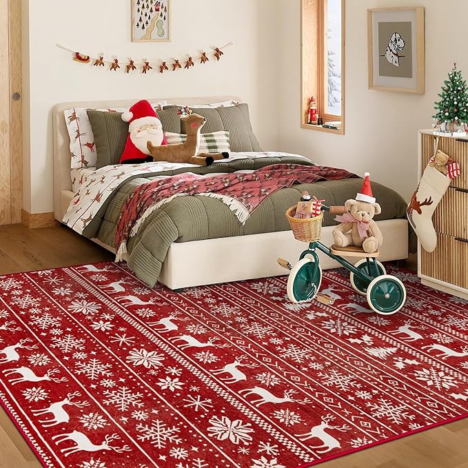 Christmas Rug 4x6 Washable Rugs, Boho Christmas Tree Snowflake Rug Non-Slip - Image 2