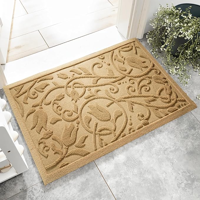Boho Beige Floral Leaves Outdoor Indoor Entrance Doormats, Absorbent Durable by VivaNest