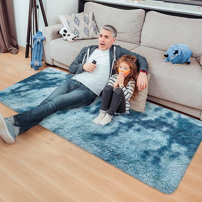 Super Soft Fluffy Living Room Area Rug 2x5 ft Tie-Dyed Light Blue Shaggy Furry - Image 3