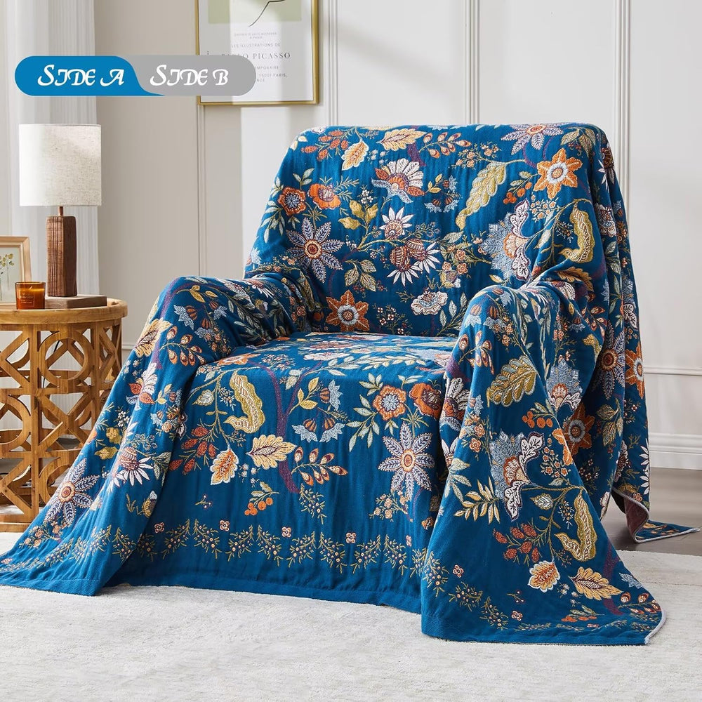 Boho Blanket Soft Muslin BohoThrow Blanket, 100% Cotton Floral Printed Farmho...