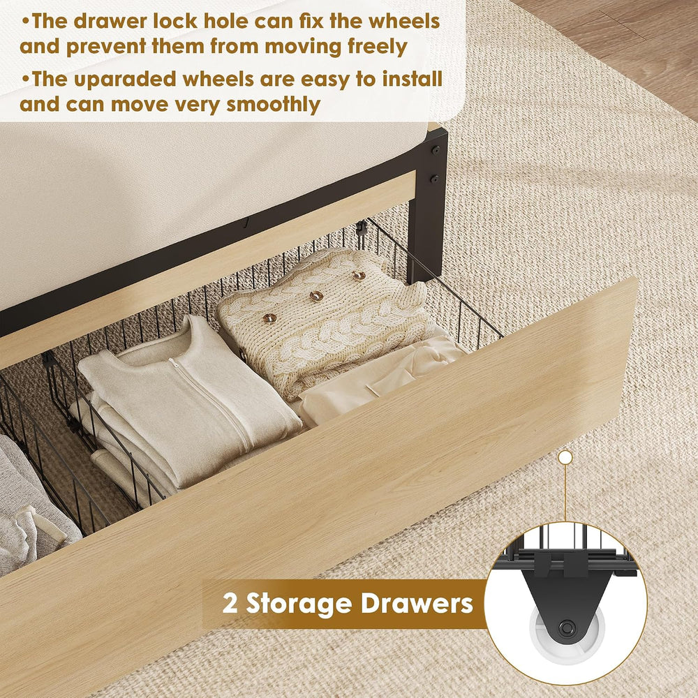 GarveeHome Rattan Full Bed Frame with 2 Storage Drawers and Led Lights