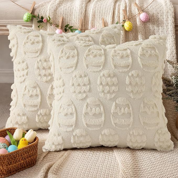 decorUhome Easter Beige Egg Pillow Covers 18x18 Inch Set of 2, Soft Plush Faux - Image 4