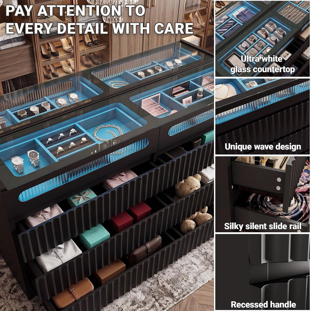 Modern 16 Drawer Wardrobe Armoire,Fluted Island Dresser Bedroom,Black