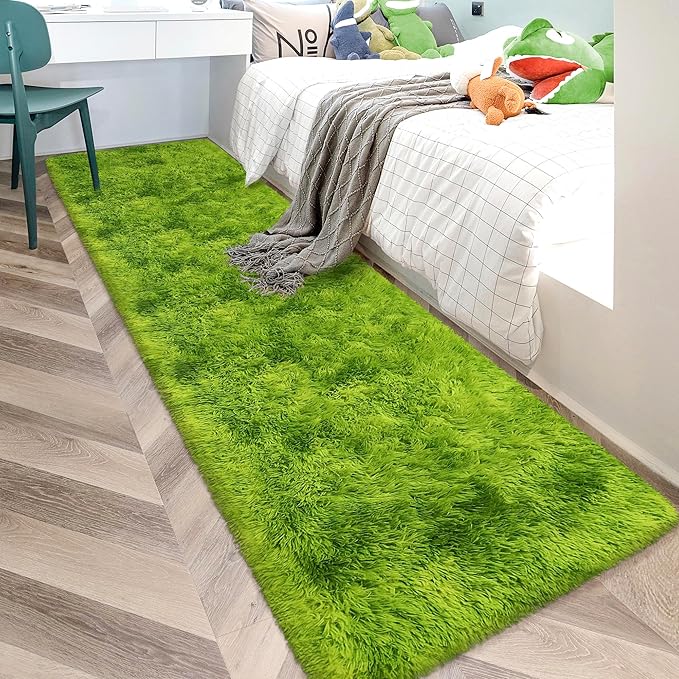 Tie-Dyed Runner Rug for Bedroom Green 2x10ft Fluffy Area Rug Bedside Runner Rug by JiaoBaba