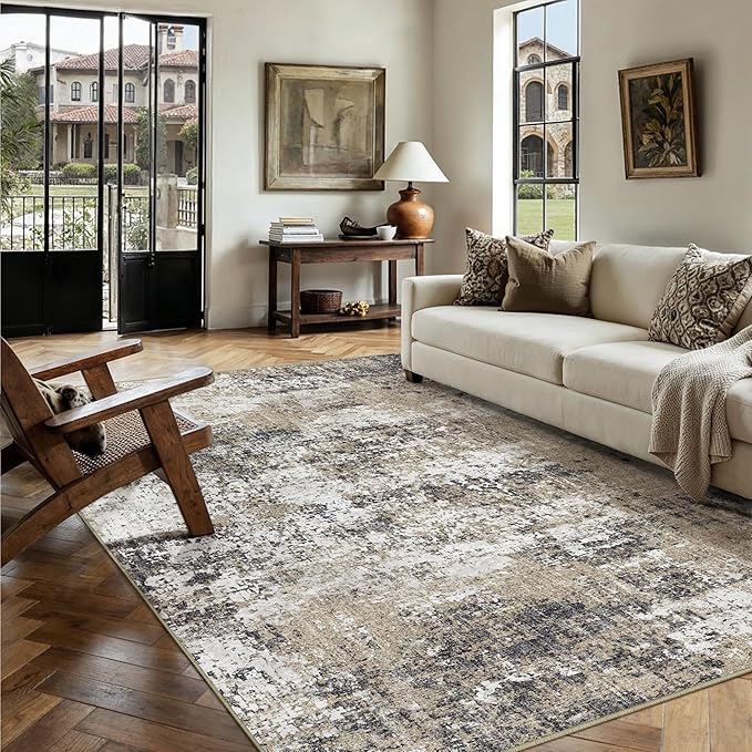PureCozy 8x10 Abstract Area Rug Brown Washable Modern Neutral Living Room - Image 2